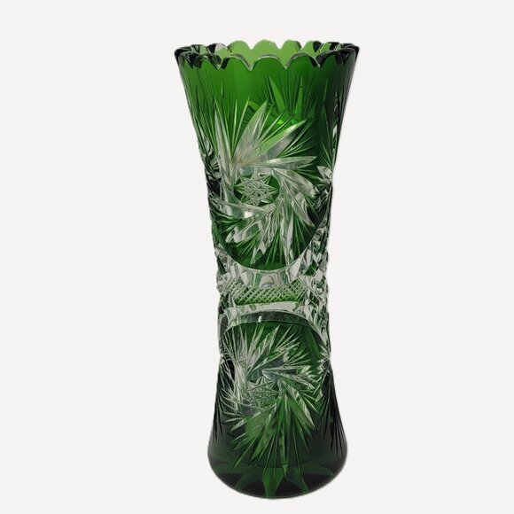 Vintage German Emerald Green Cut-to-Clear Crystal Tapered Vase | 1950s-60s - Picture 1 of 8